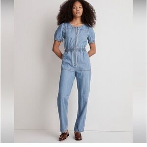 Madewell puff-sleeve zip-front denim jumpsuit